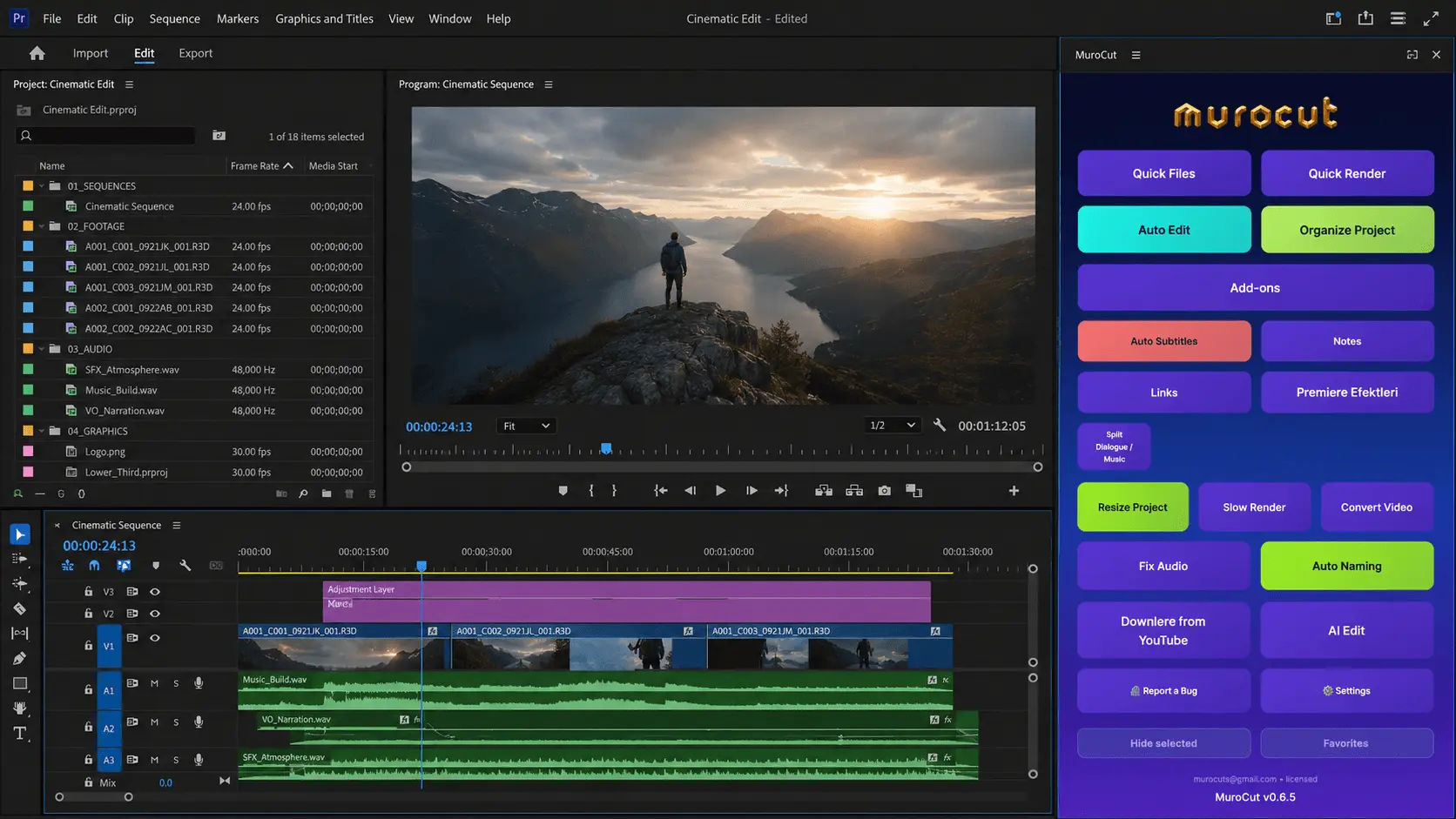 MuroCut panel inside Premiere Pro